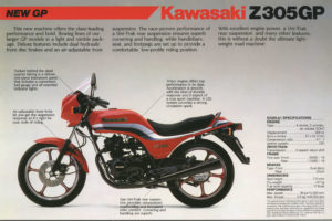 An original Kawasaki sales brochure shows the machine had classic mid-1980s superbike lines, scaled down.