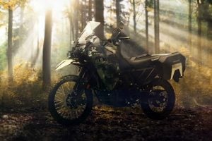 Bathed in sunlight, waiting for adventure. We know this is how many KLR riders see their bikes. Image: Kawasaki